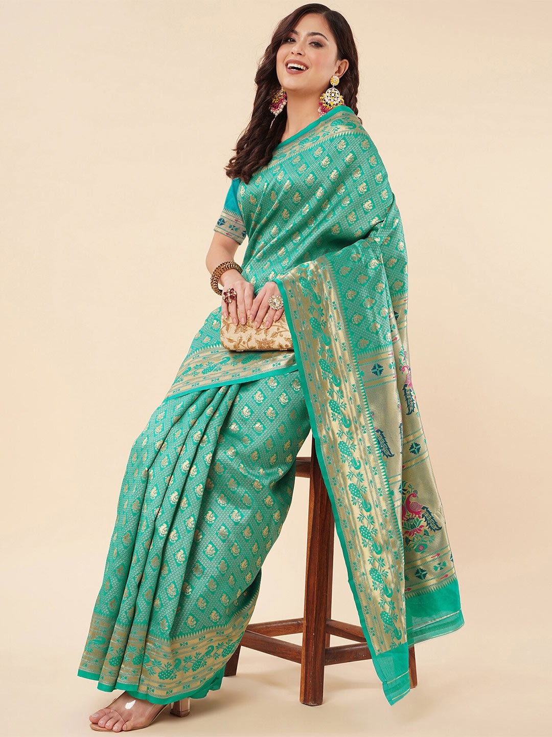 

Fashion Booms Ethnic Motifs Zari Pure Silk Kanjeevaram Saree, Green