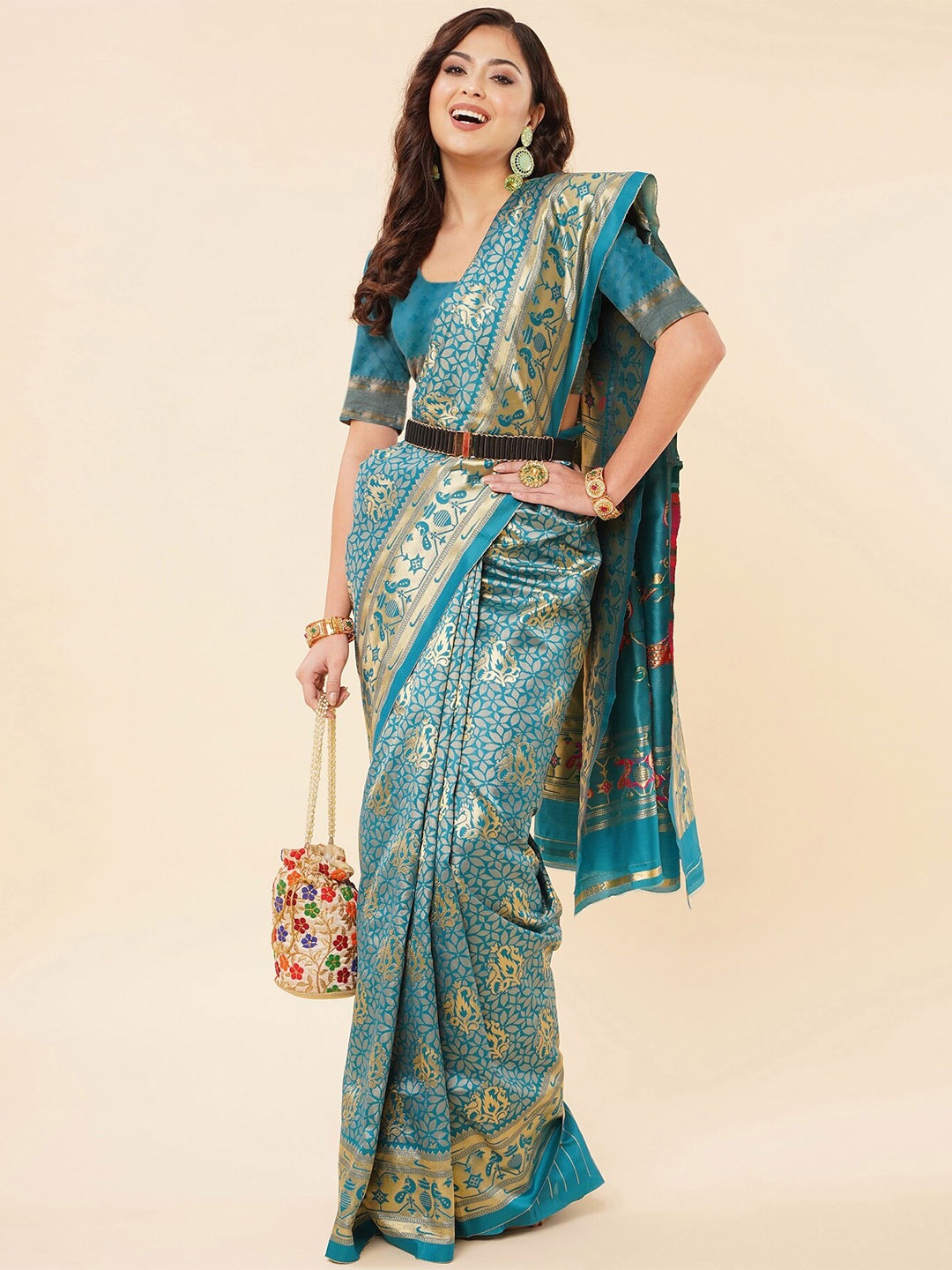 

Fashion Booms Ethnic Motifs Zari Pure Silk Kanjeevaram Saree, Blue