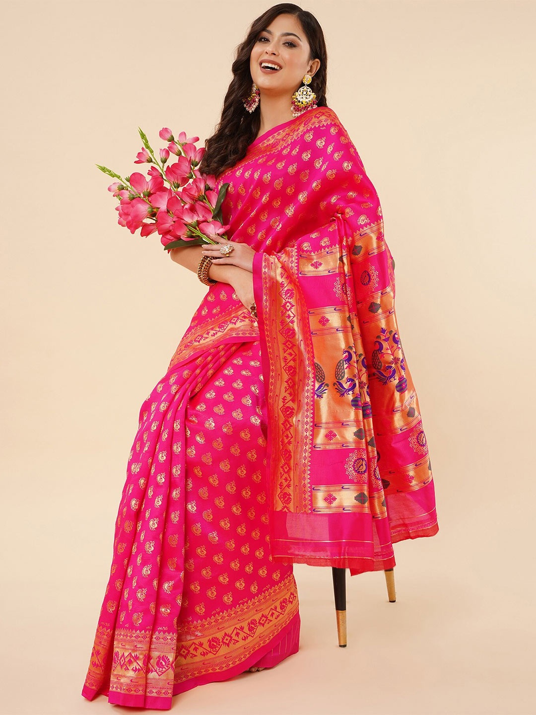 

Fashion Booms Ethnic Motifs Zari Pure Silk Kanjeevaram Saree, Pink