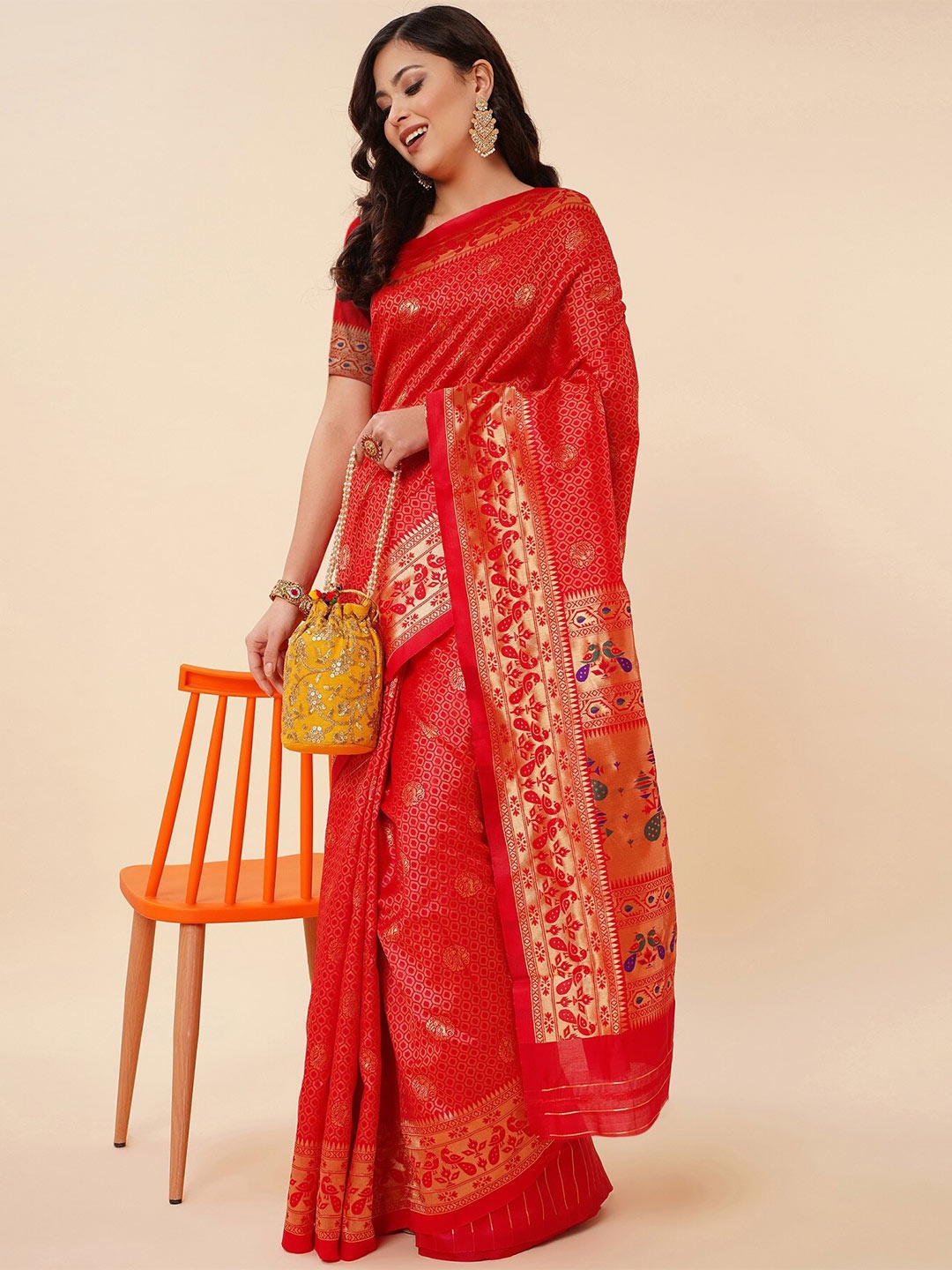 

Fashion Booms Ethnic Motifs Woven Design Zari Pure Silk Kanjeevaram Saree, Red