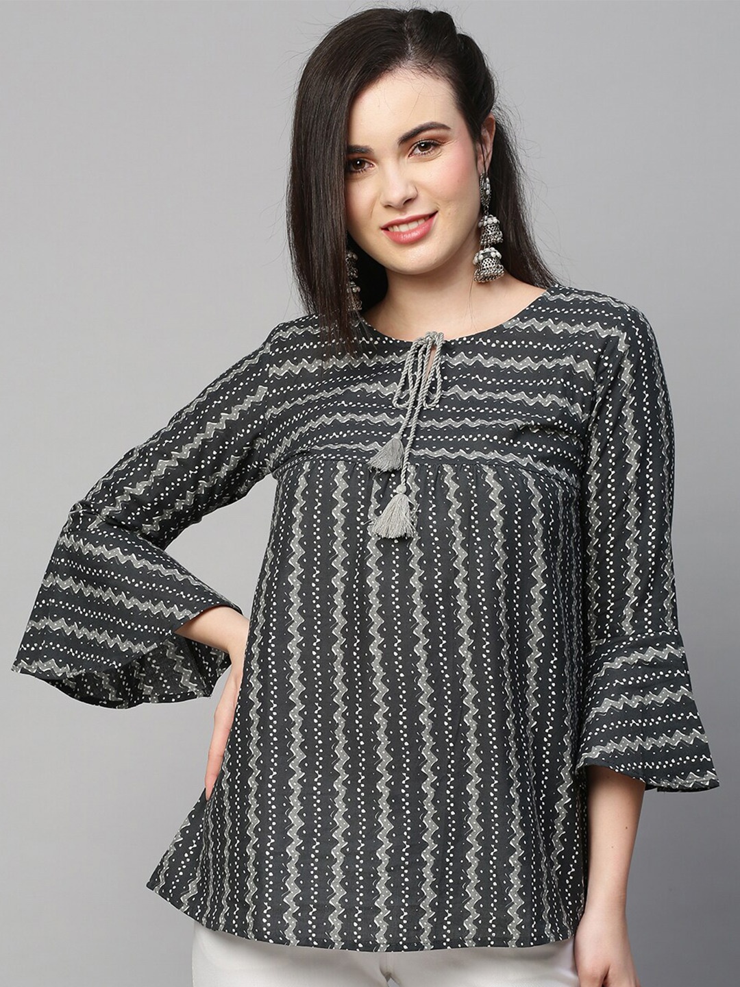 

INDYES Tribal Printed Flared Sleeves Pure Cotton Empire Kurti, Black