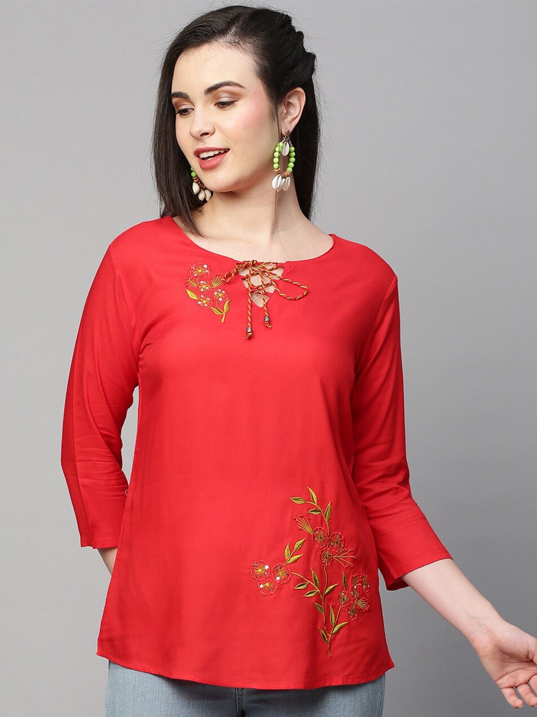 

INDYES Embroidered Sequinned Kurti, Red