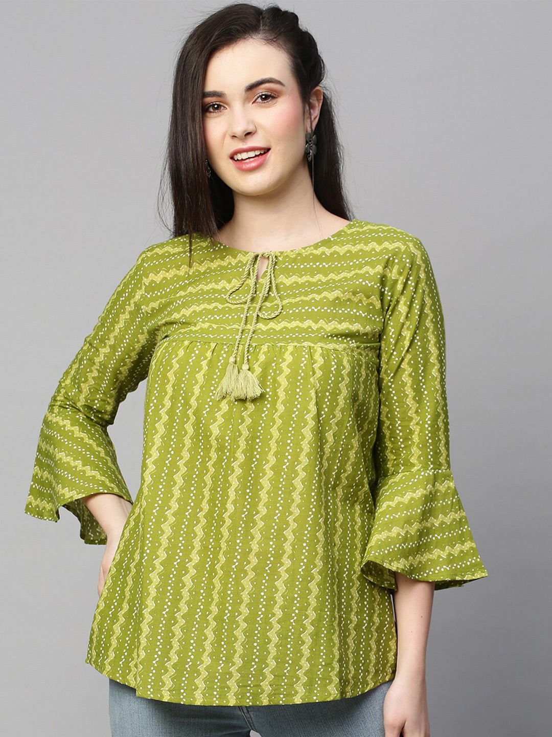 

INDYES Quirky Printed Flared Sleeves Pure Cotton Kurti, Green