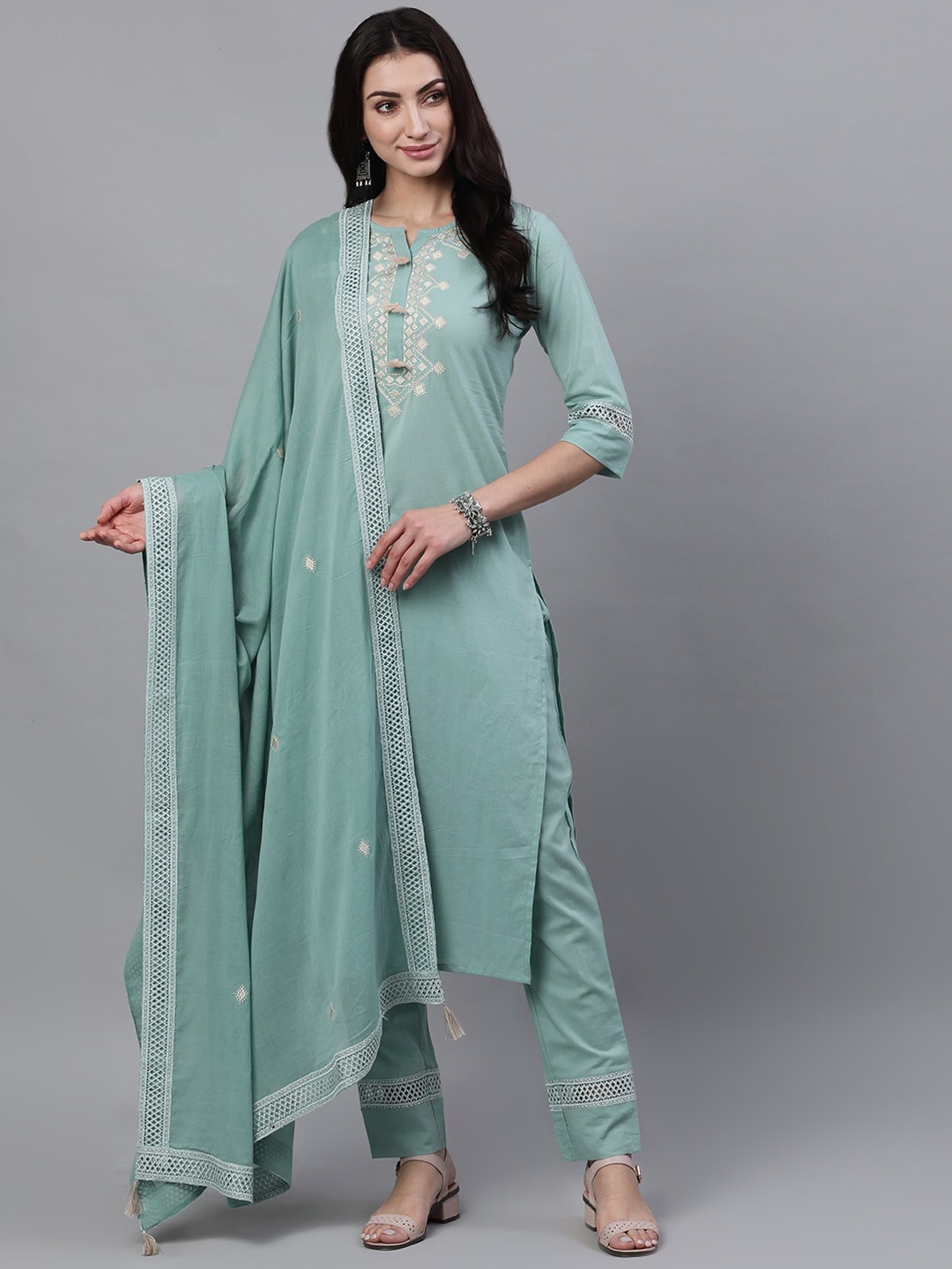 

AASI - HOUSE OF NAYO Women Embroidered Pure Cotton Kurta with Trousers & Dupatta, Green