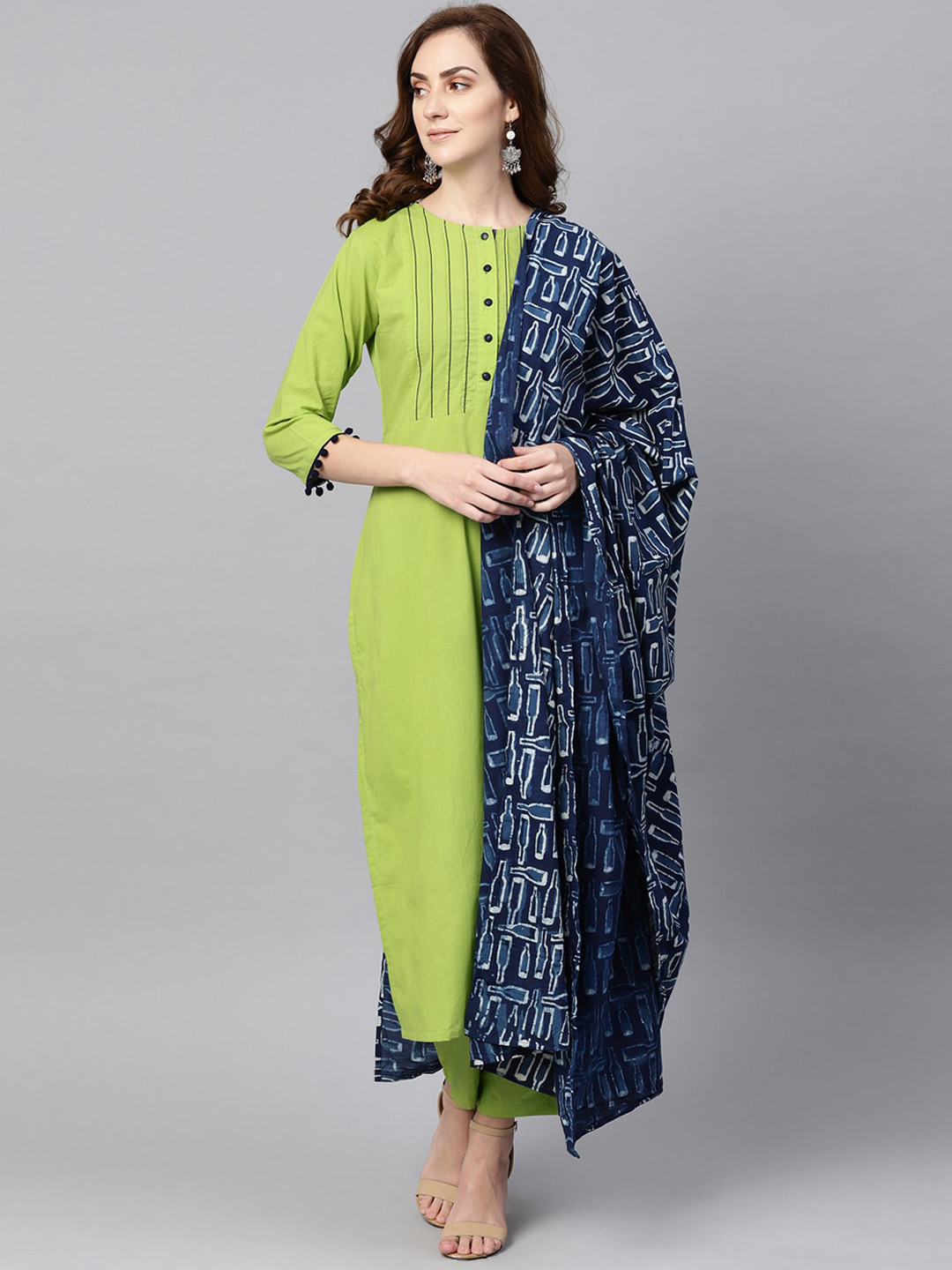 

AASI - HOUSE OF NAYO Women Pure Cotton Kurta & Trousers With Dupatta, Lime green