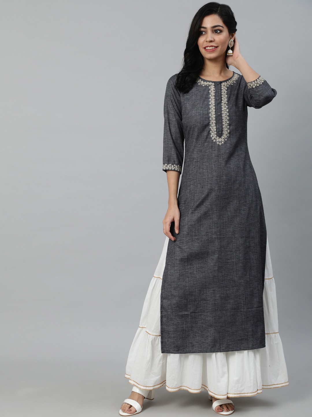

AASI - HOUSE OF NAYO Women Ethnic Motifs Yoke Design Thread Work Kurta, Grey