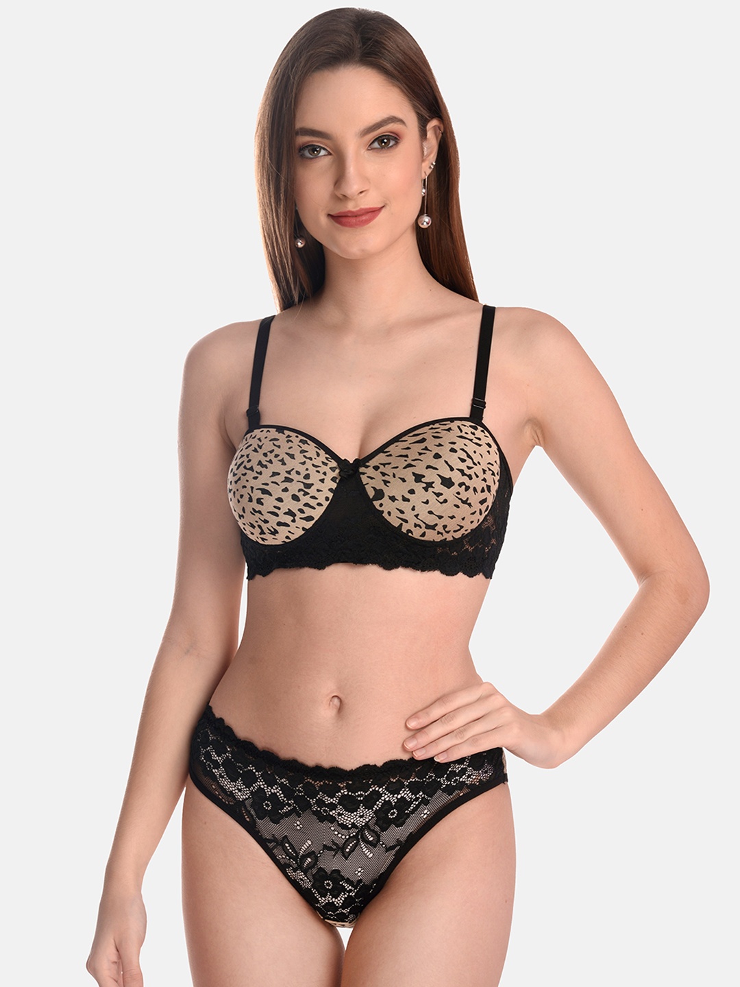 

LOTUSLEAF Cheeta Printed Lace Lingerie Set LBP00271901-30B, Black