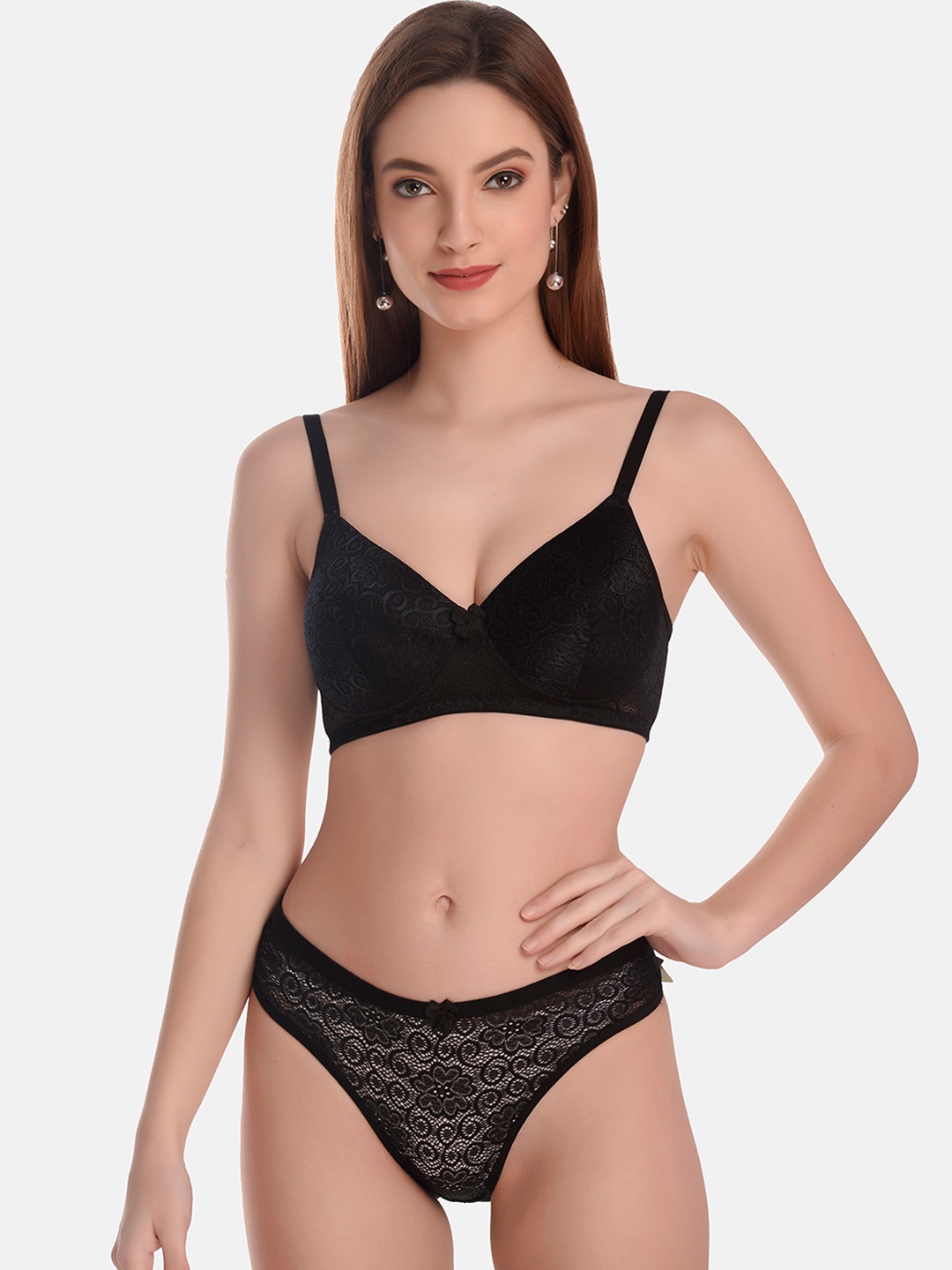 

LOTUSLEAF Self Design Lace Lingerie Set LBP00261901-30B, Black