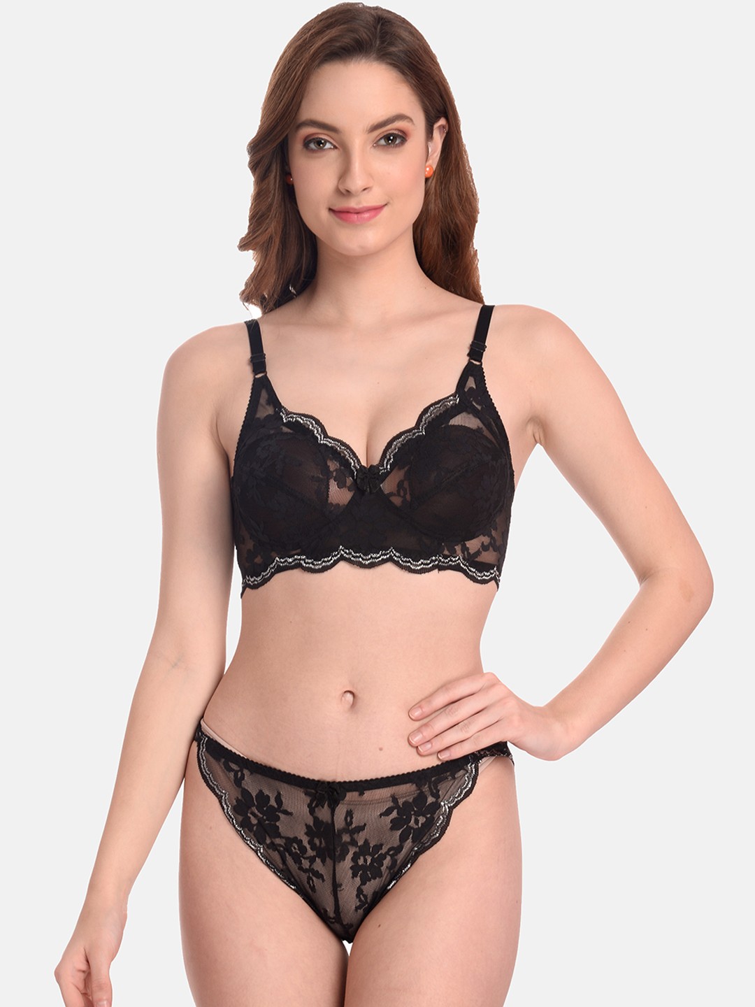 

LOTUSLEAF Lace Self-Design Lingerie Set LBP00161904-32B, Black