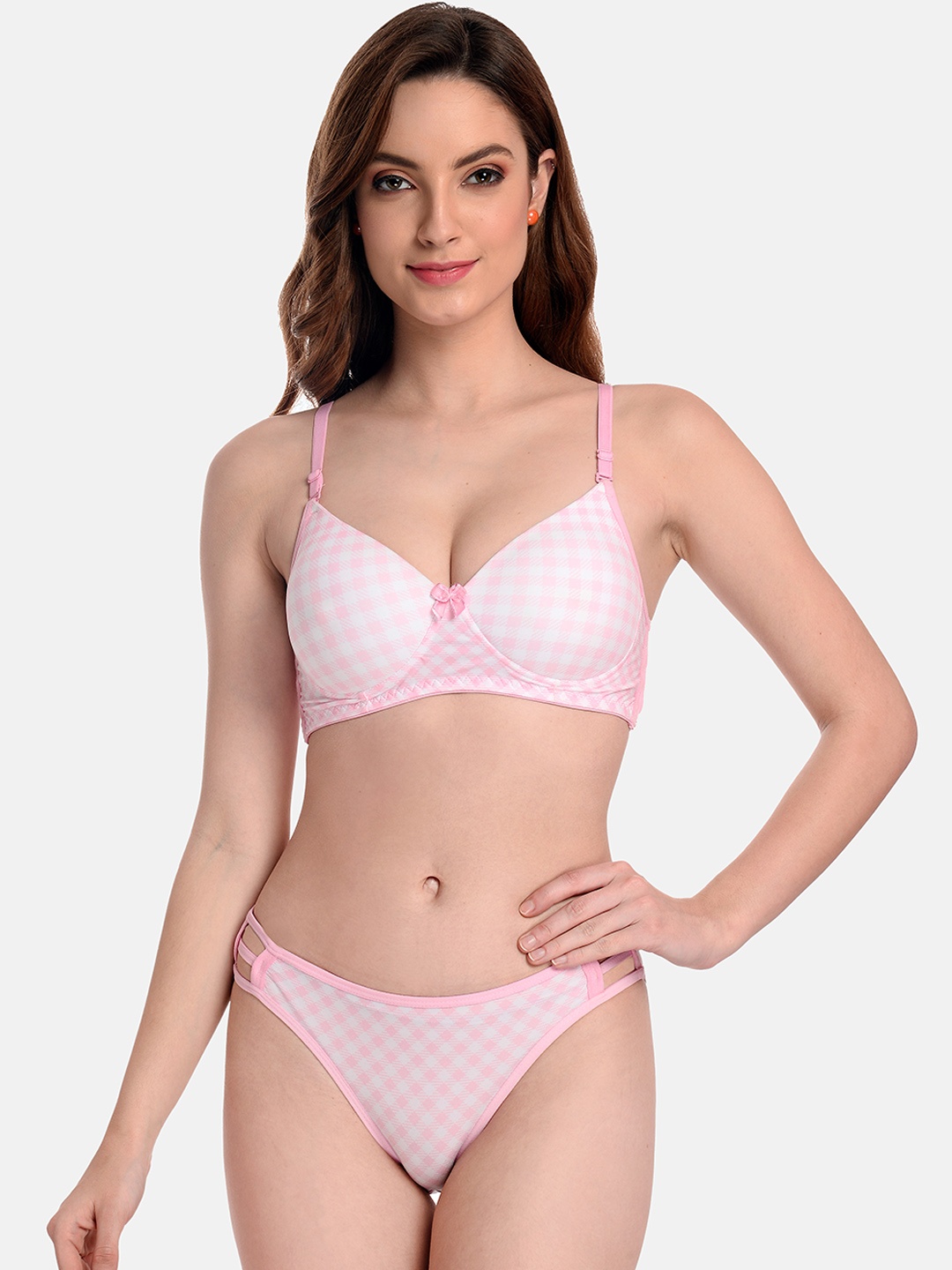 

LOTUSLEAF Women Checked Lingerie Set, Pink