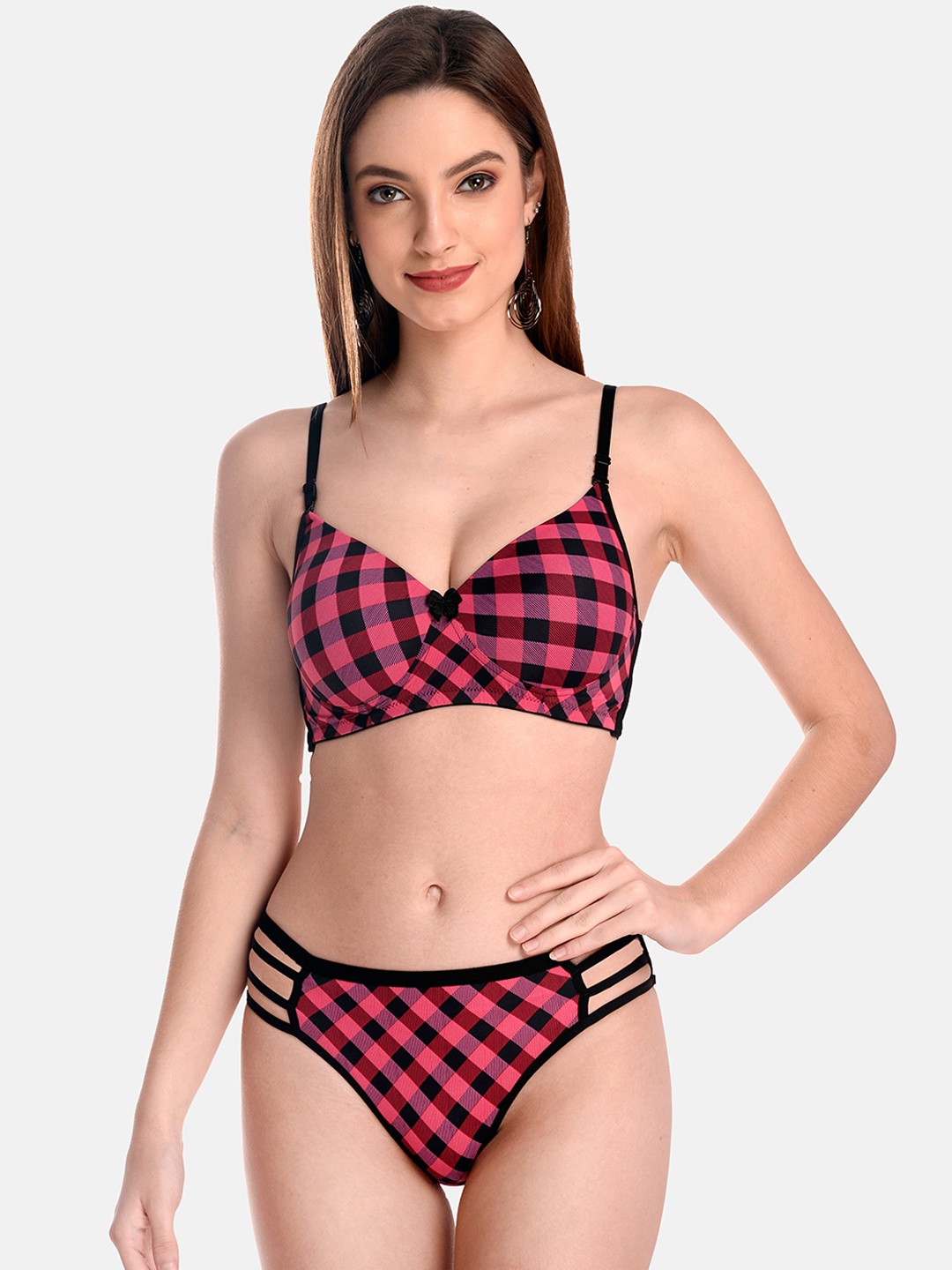 

LOTUSLEAF Women Checked Lingerie Set, Pink