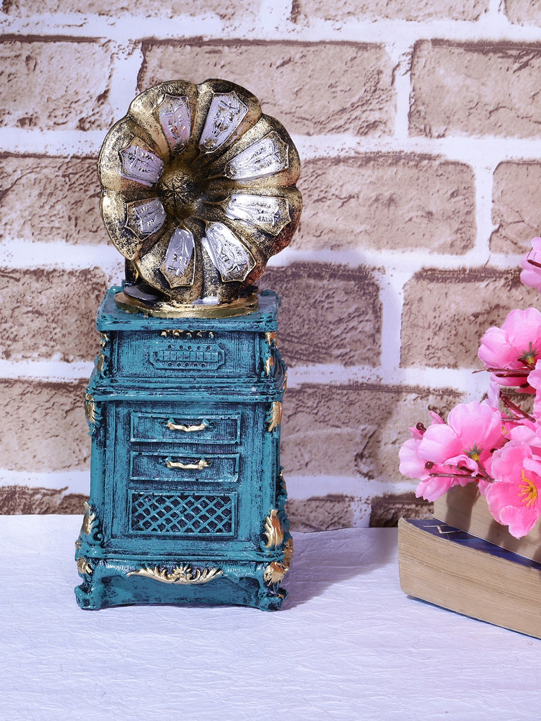 

A Vintage Affair- Home Decor Blue Tall Antique Gramophone Accent Showpiece