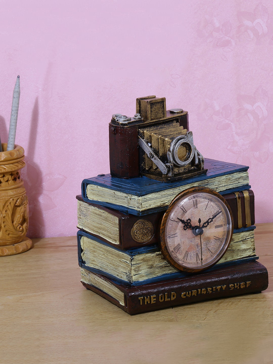 

A Vintage Affair- Home Decor Brown Antique Library Camera Tabletop Clock