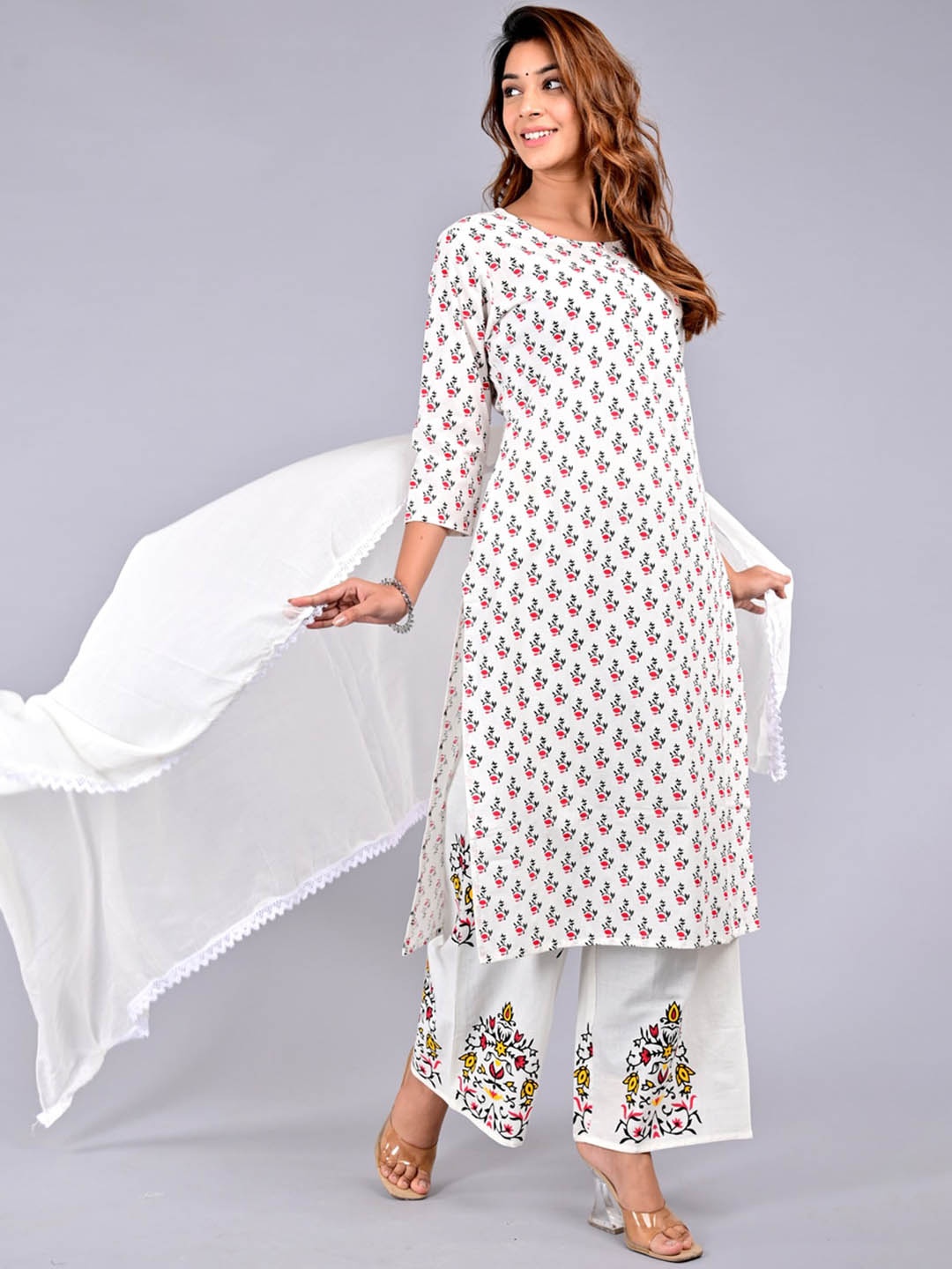 

ROOPWATI FASHION Women Printed Pure Cotton Kurta with Palazzos & Dupatta, Off white