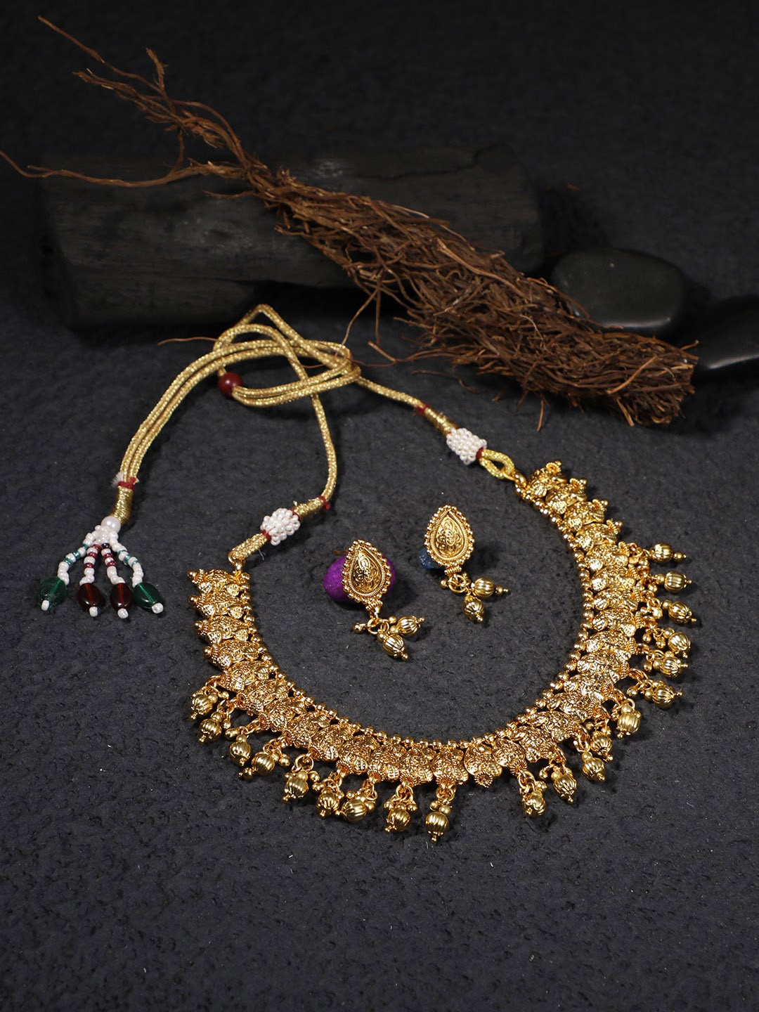 

Adwitiya Collection Gold-Plated Intricated Design Copper Jewellery Set