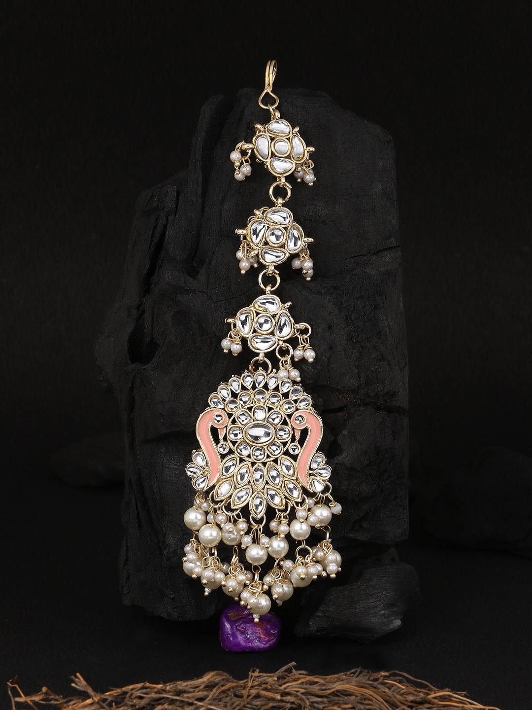 

Adwitiya Collection Gold-Plated Stone-Studded Peacock Shaped Maangtikka, Peach