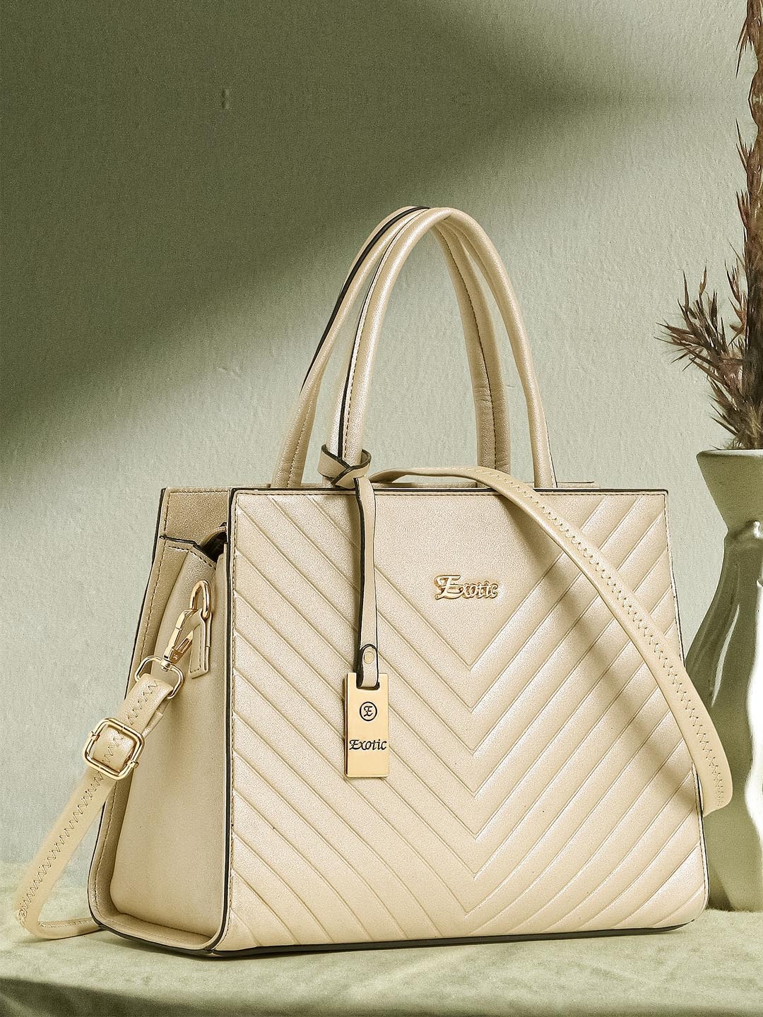 Exotic Gold-Toned Textured PU Structured Handheld Bag