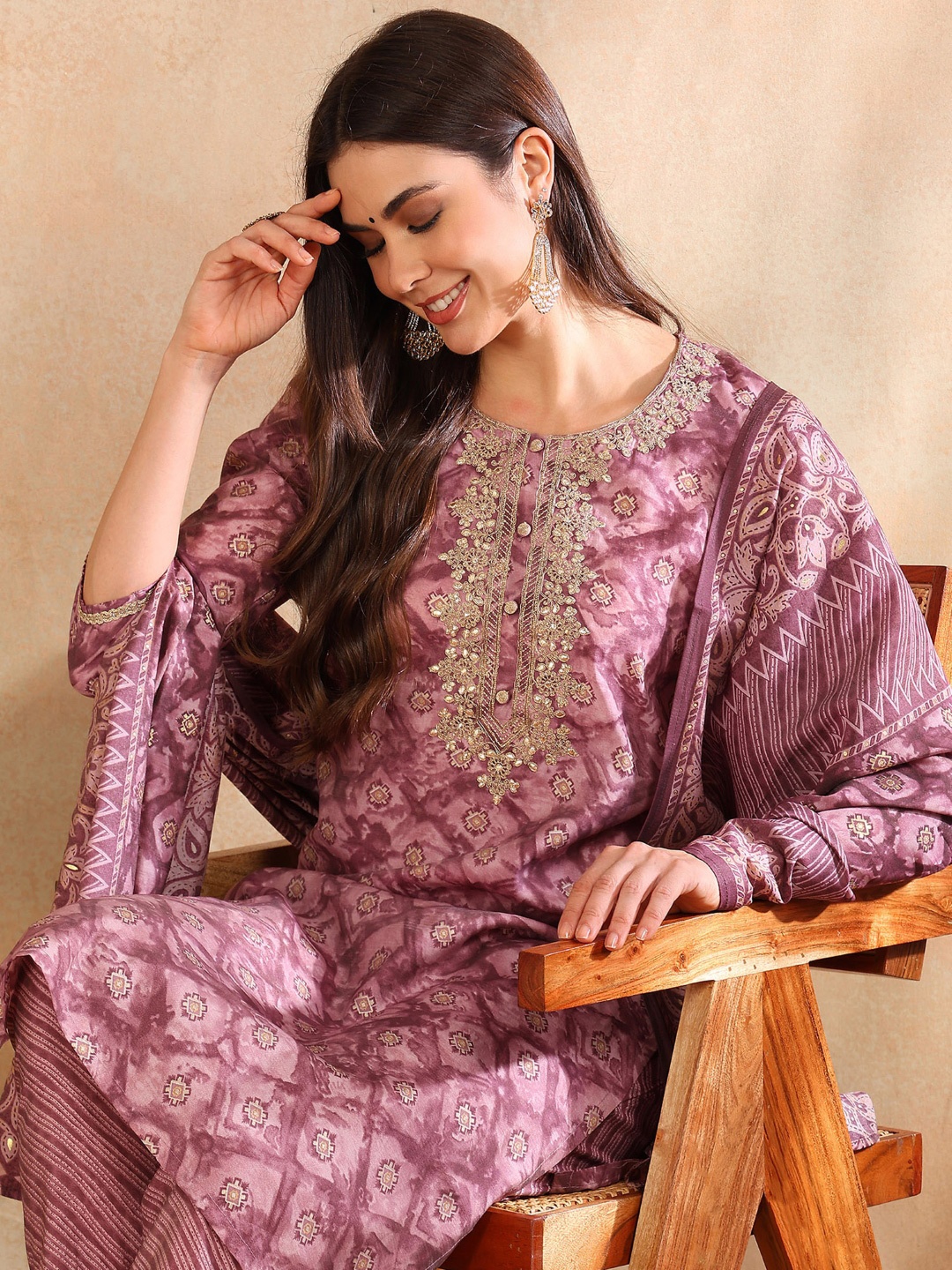 

AHIKA Women Embroidered Kurta with Trousers & Dupatta, Mauve