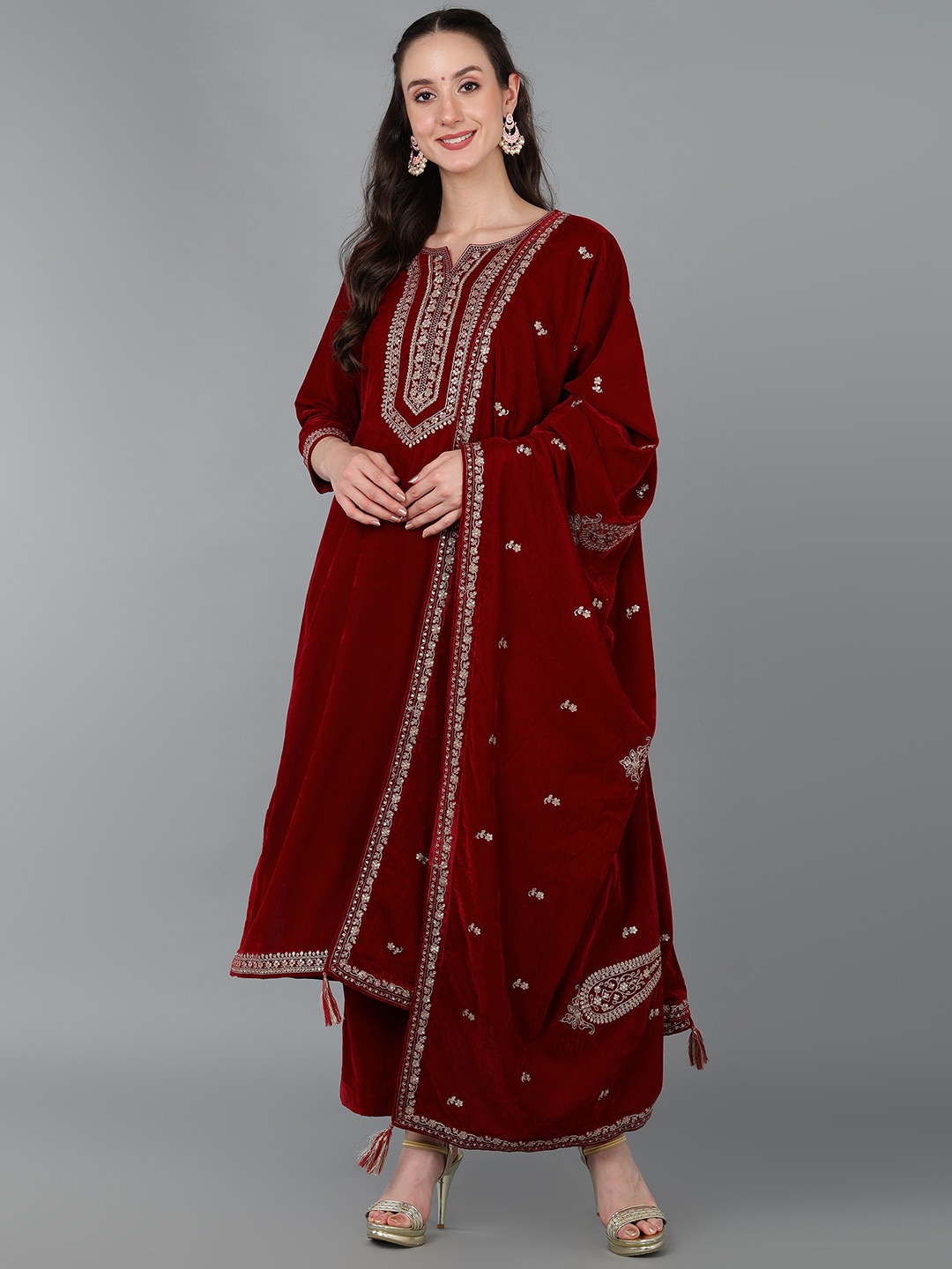 

AHIKA Women Embroidered Velvet Kurta with Trousers & Dupatta, Red
