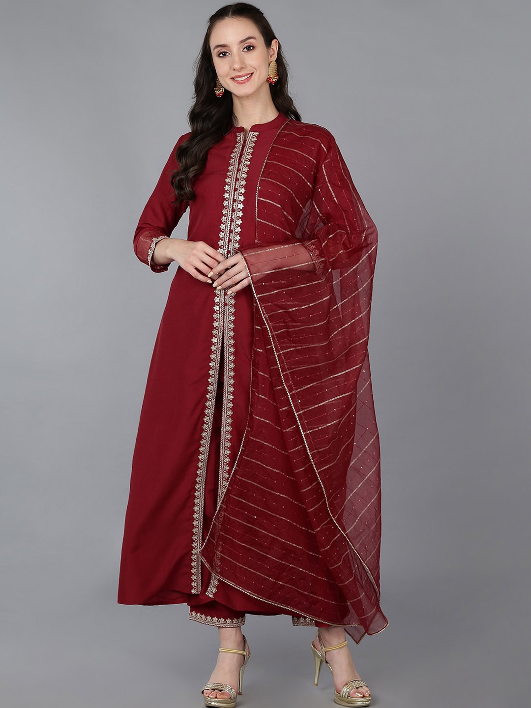 

AHIKA Women Embroidered Empire Sequinned Kurta with Trousers & Dupatta, Red