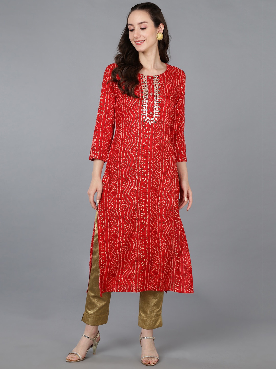 

AHIKA Bandhani Printed Mirror Work Indie Prints Kurta, Red