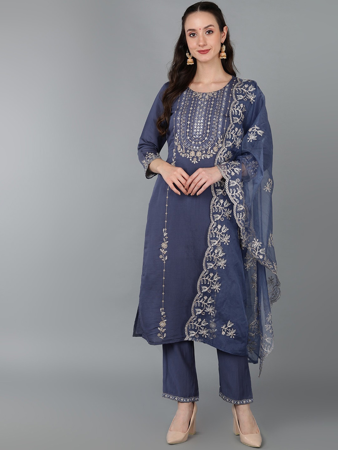 

AHIKA Women Yoke Design Sequinned Kurta with Trousers & Dupatta, Blue