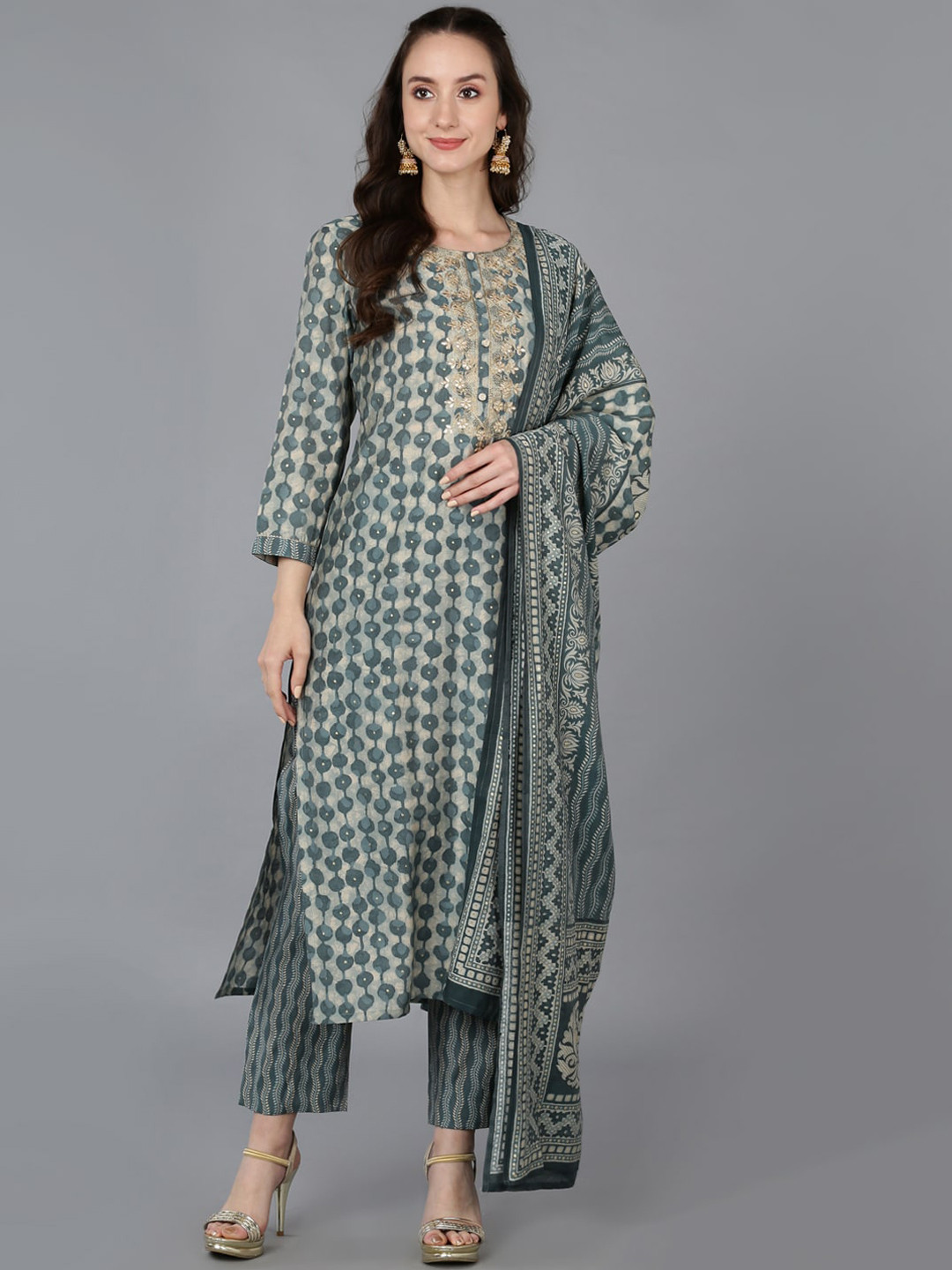 

AHIKA Ethnic Motifs Embroidered Silk Blend Kurta with Trousers & With Dupatta, Green