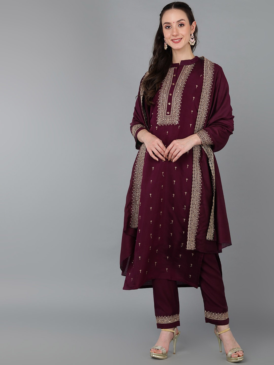 

AHIKA Ethnic Motifs Embroidered Kurta with Trousers & With Dupatta, Magenta