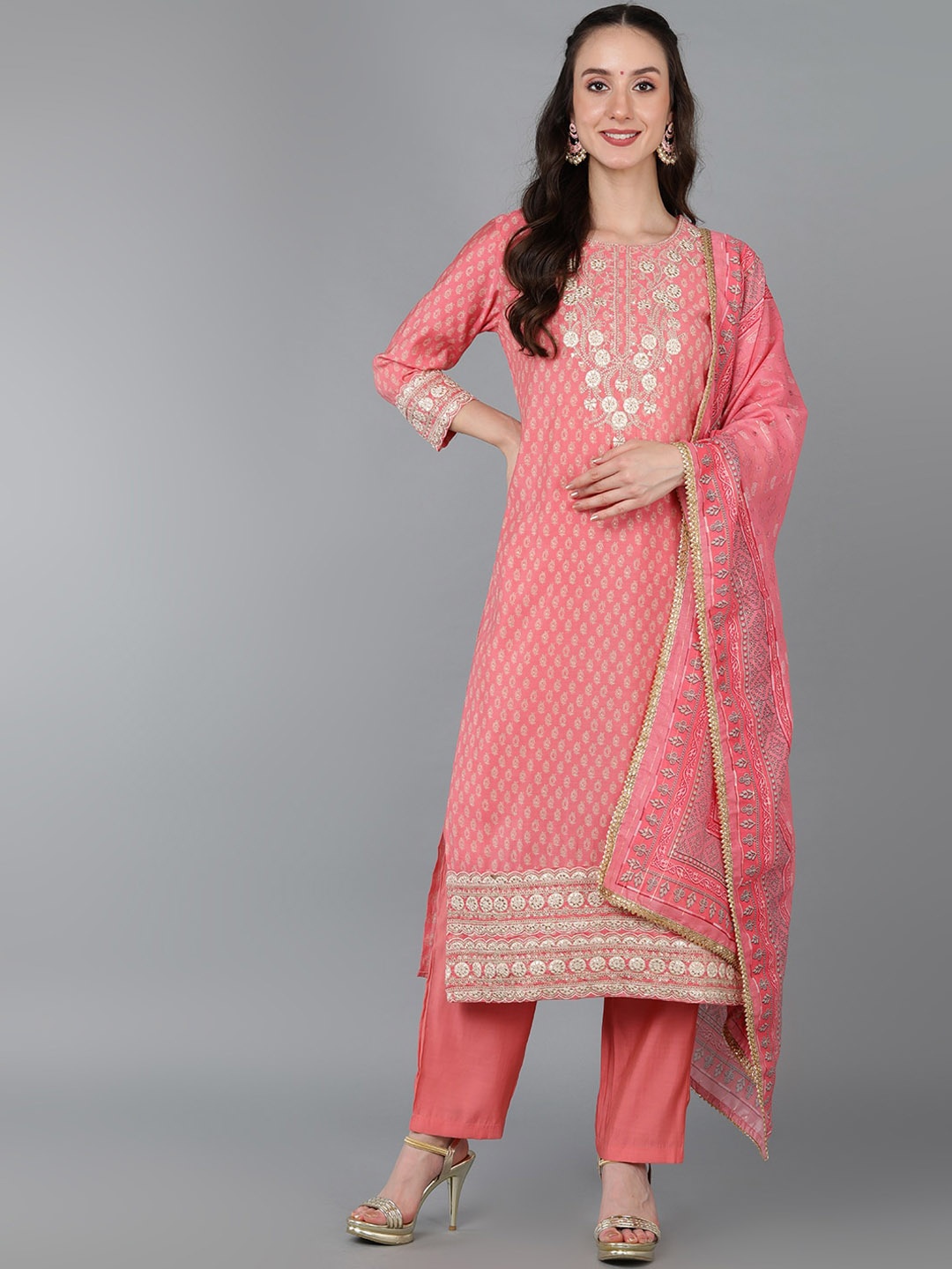 

AHIKA Ethnic Motifs Embroidered Silk Blend Kurta with Trousers & With Dupatta, Peach