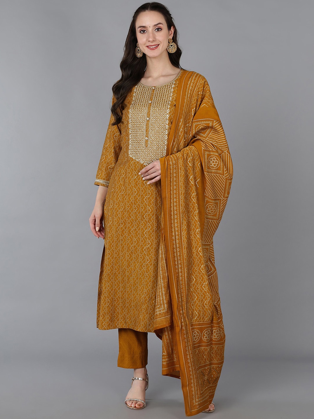 

AHIKA Bandhani Embroidered Silk Blend Kurta with Trousers & With Dupatta, Mustard