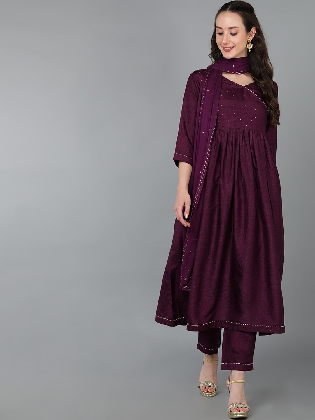

AHIKA Angrakha Gotta Patti Silk Blend Kurta with Trousers & With Dupatta, Magenta