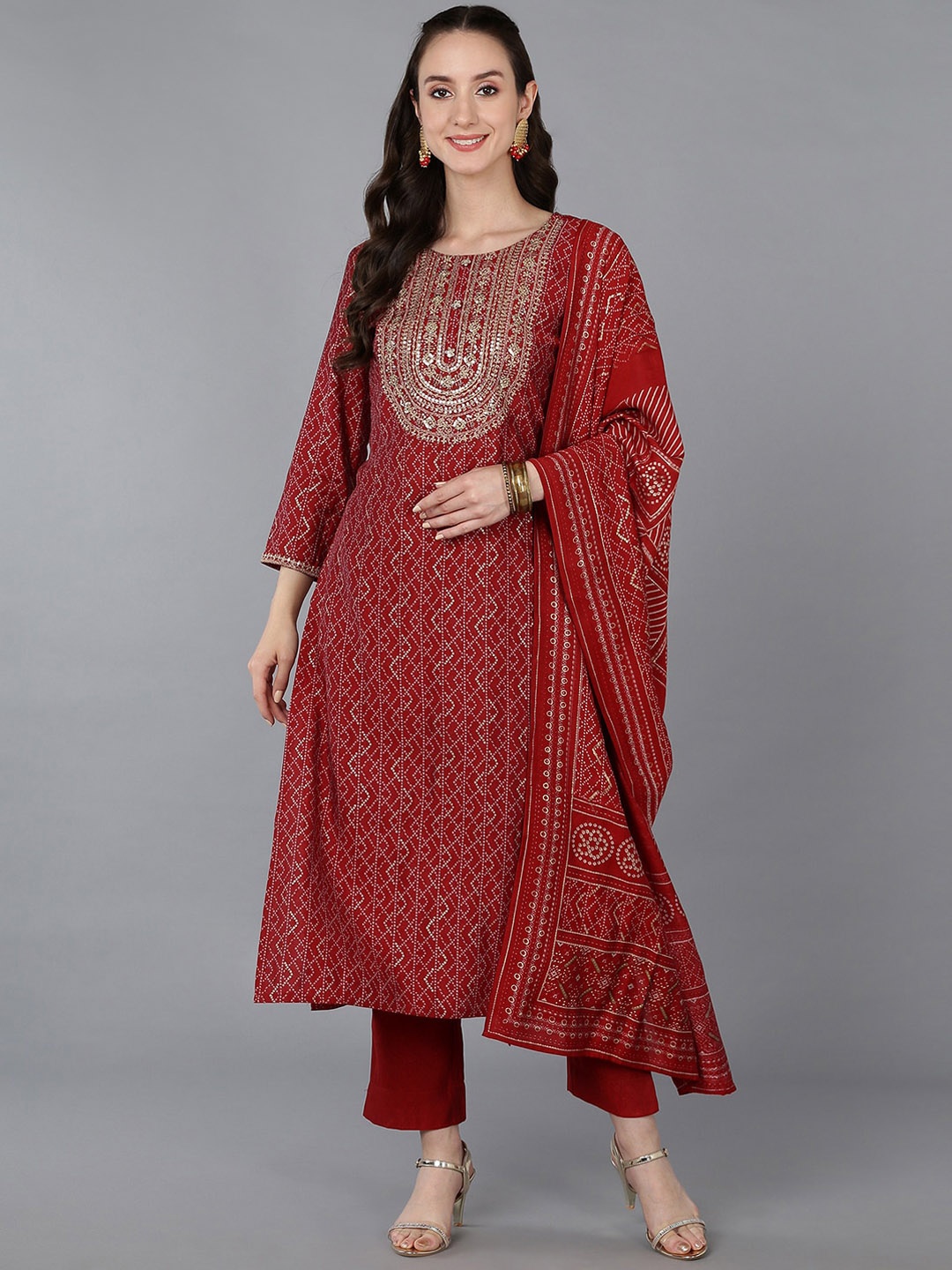 

AHIKA Bandhani Embroidered Sequinned Silk Blend Kurta with Trousers & With Dupatta, Red