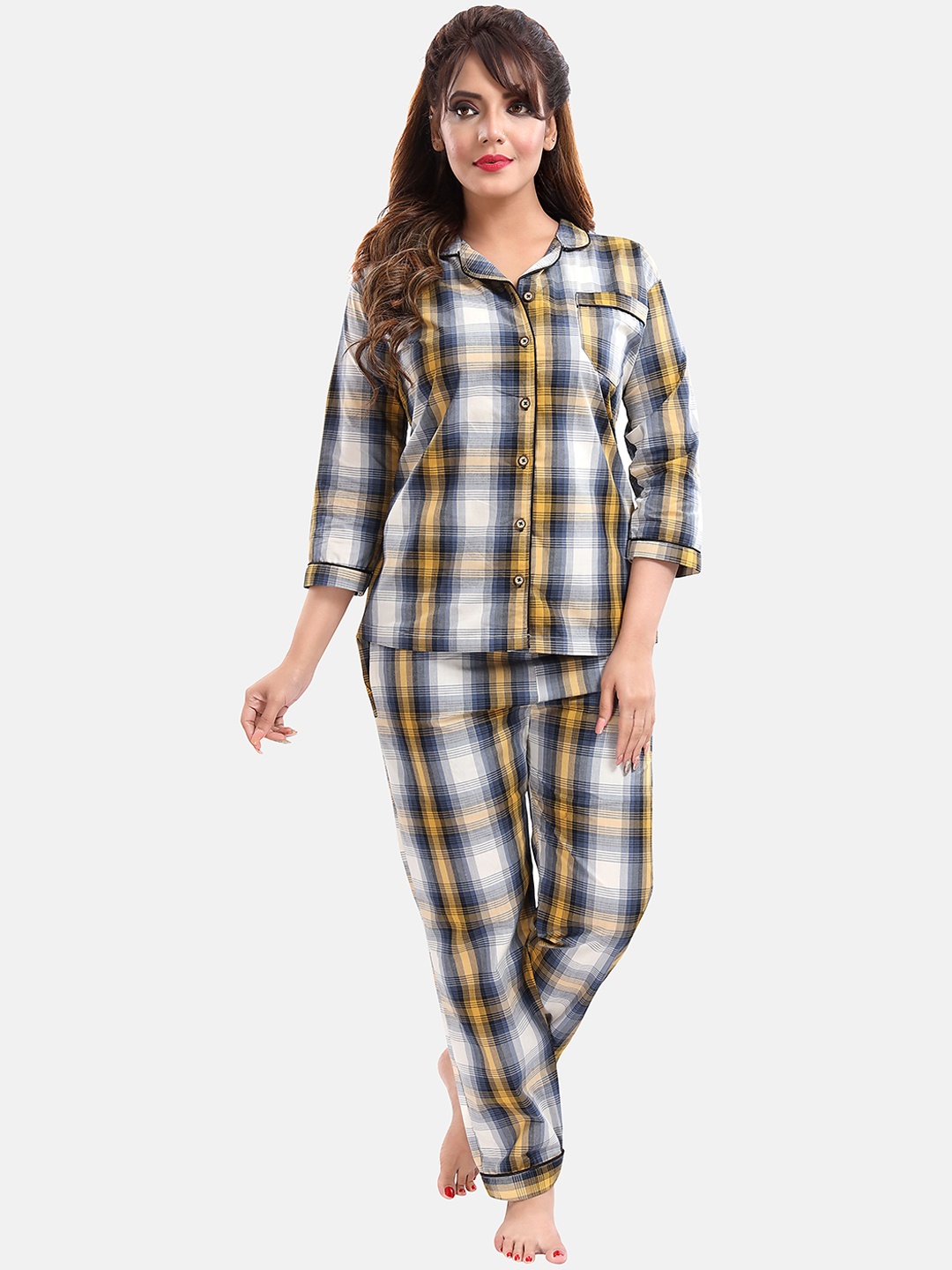 

LOTUSLEAF Women Checked Night suit, White