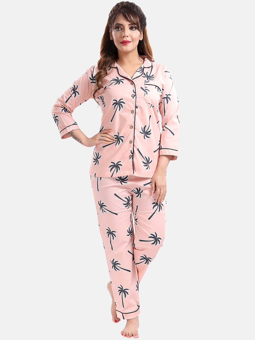 

LOTUSLEAF Women Printed Night suit, Peach