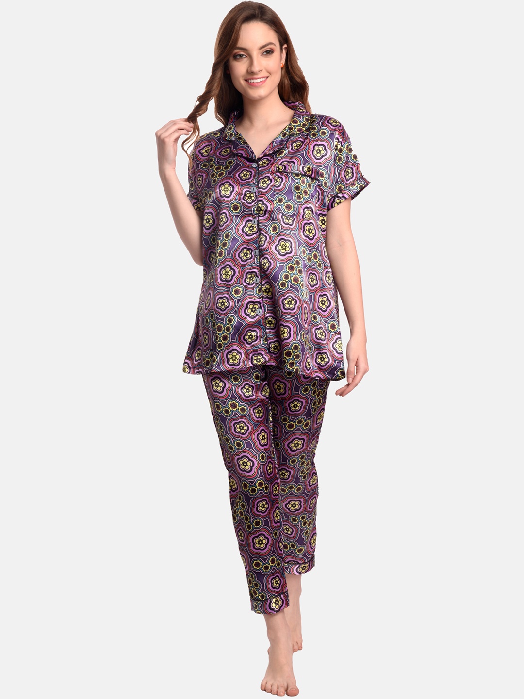 

LOTUSLEAF Women Printed Satin Night suit, Purple