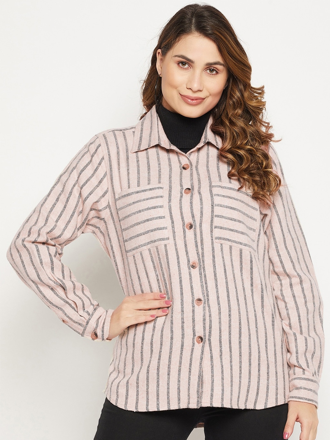 

Bitterlime Women Relaxed Striped Casual Cotton Shirt, Beige