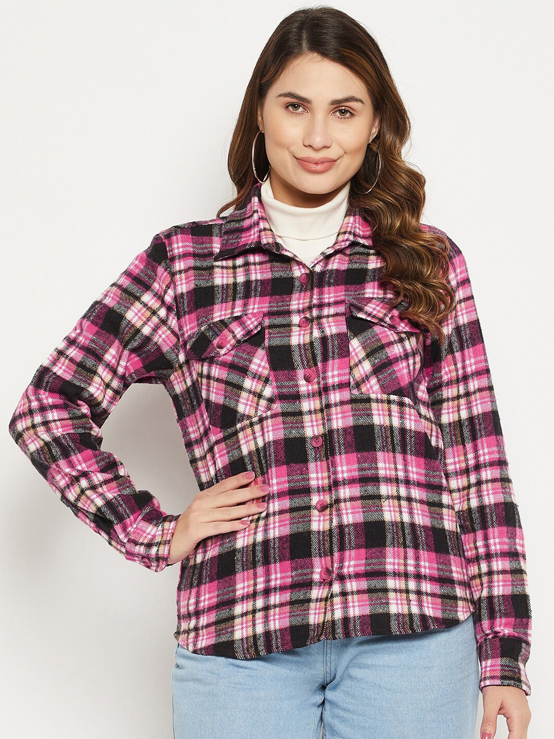 

Bitterlime Women Relaxed Tartan Checked Casual Cotton Shirt, Magenta