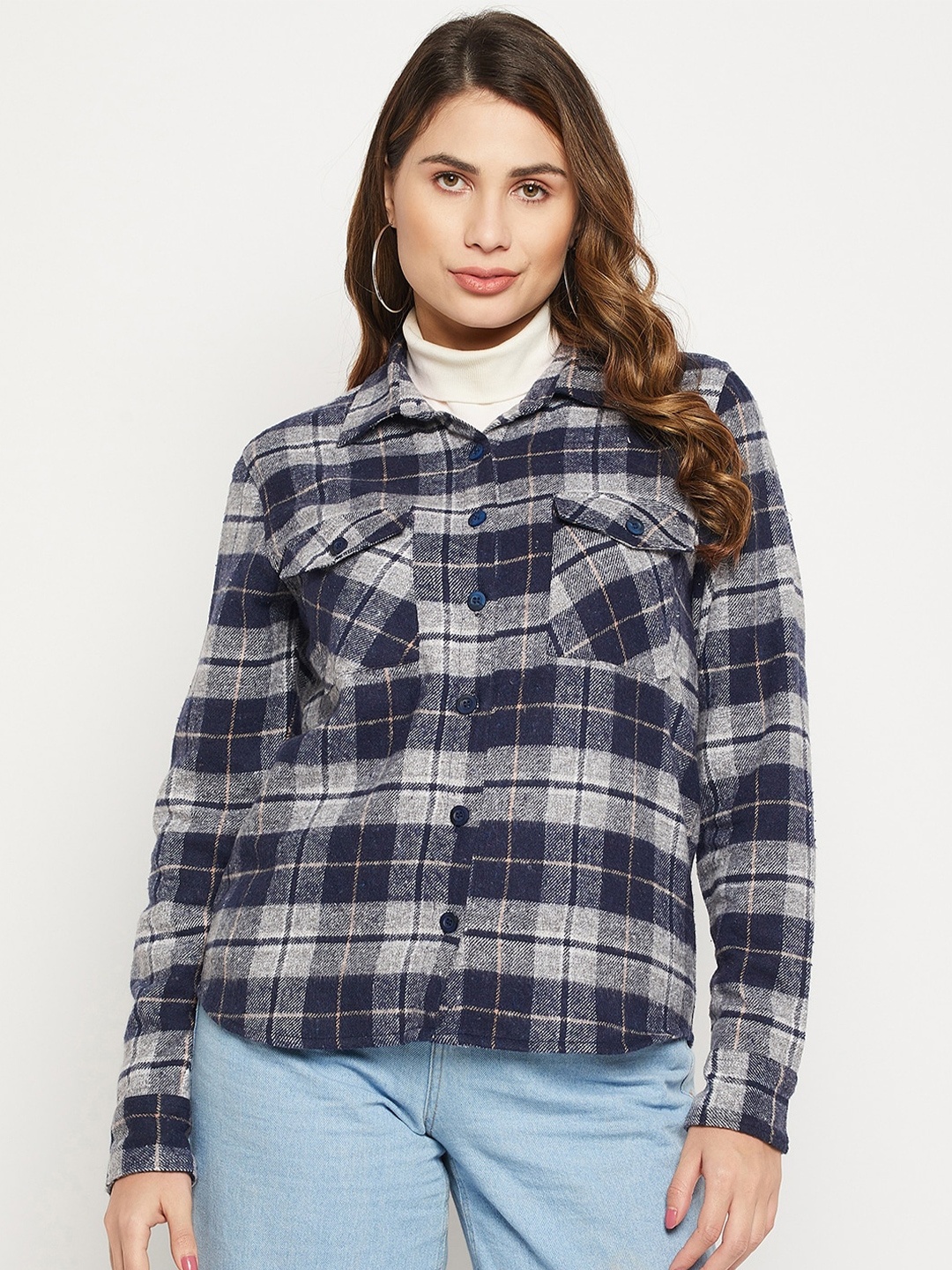 

Bitterlime Women Relaxed Tartan Checked Casual Cotton Shirt, Blue