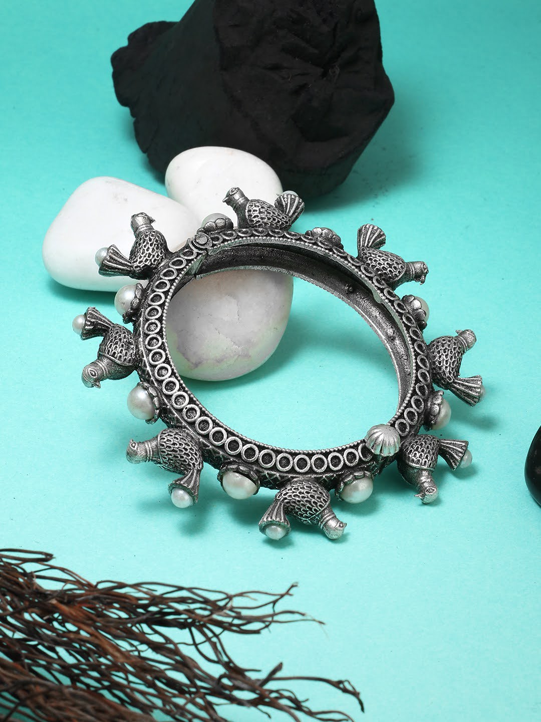 

Adwitiya Collection Silver-Plated Oxidised Bird Bangles