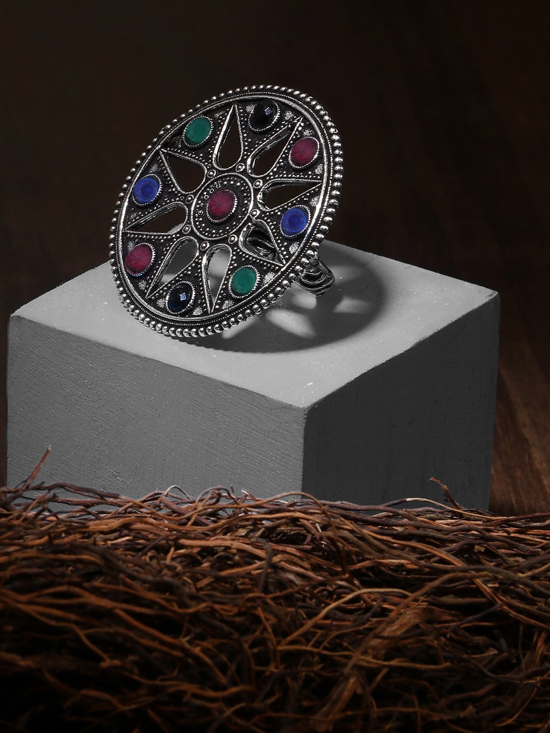 

Adwitiya Collection Silver-Plated Stone Studded Antique Adjustable Finger Ring