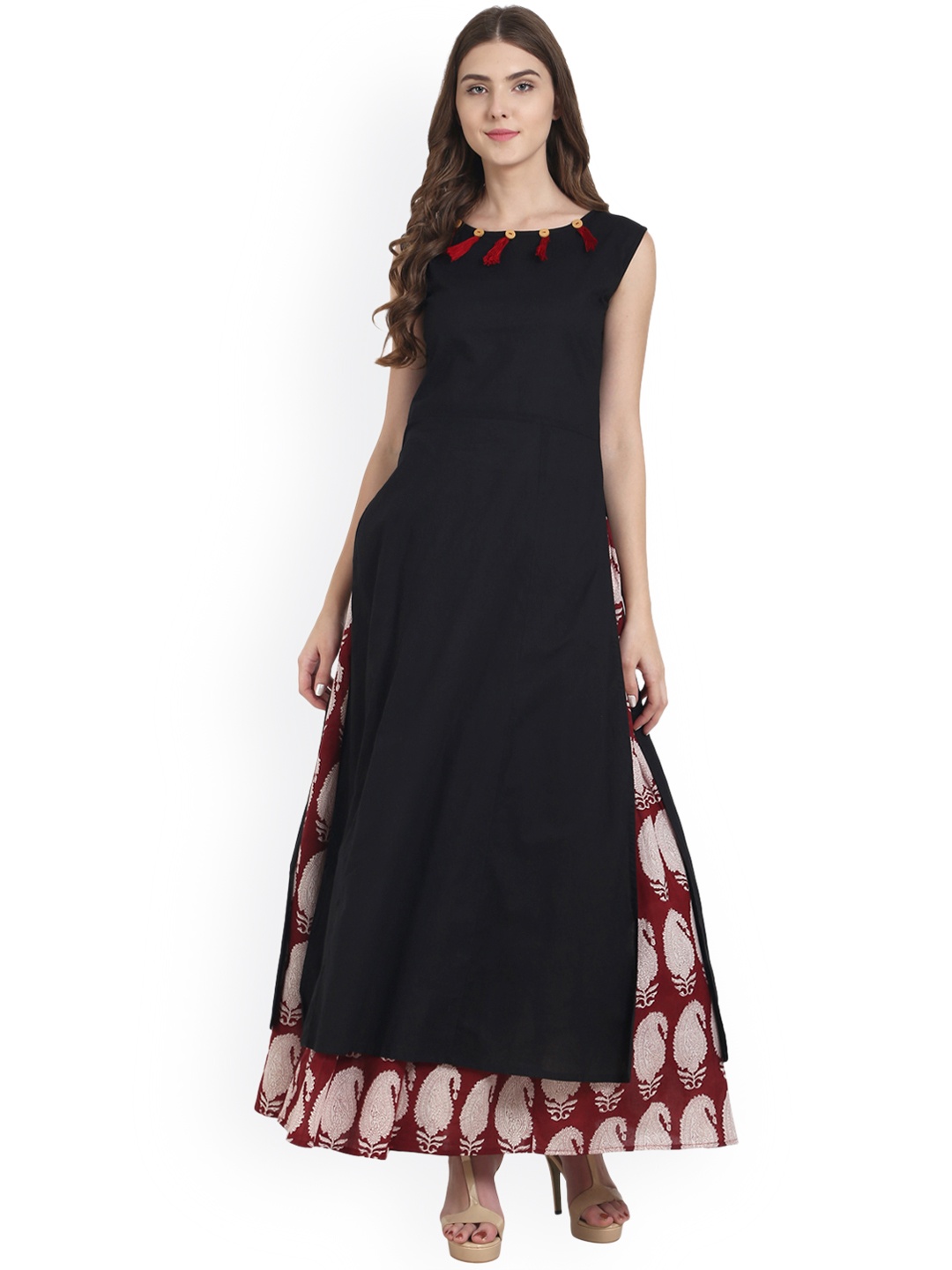

Nayo Women Black & Maroon Printed Kurta with Skirt