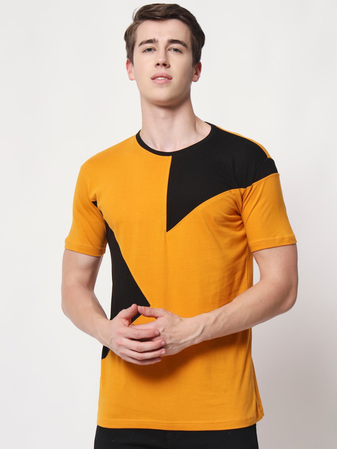 

THE EG STORE Men Colourblocked Slim Fit Cotton T-shirt, Yellow