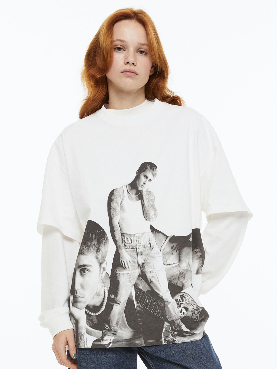 

H&M Women Oversized Printed T-Shirt, White