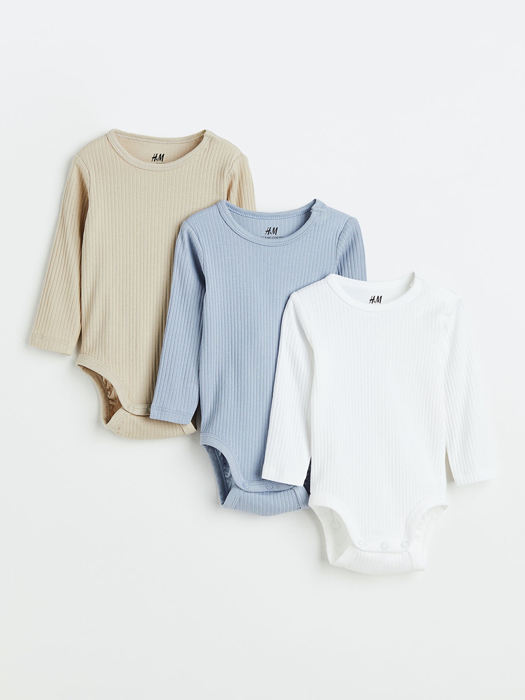 

H&M Girls 3-Pack Ribbed Bodysuits, Beige