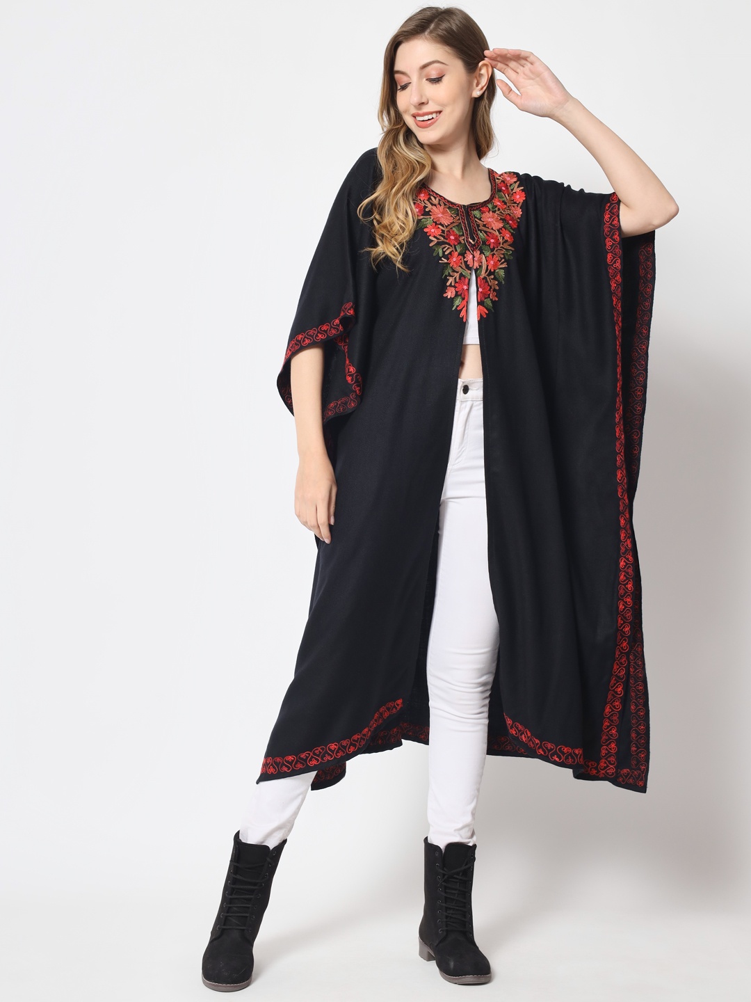 

Zamour Women Embroidered Longline Acrylic Poncho, Black