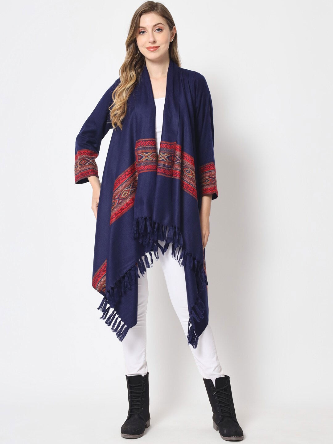 

Zamour Women Tasselled Longline Bohemian Acrylic Shrug, Blue