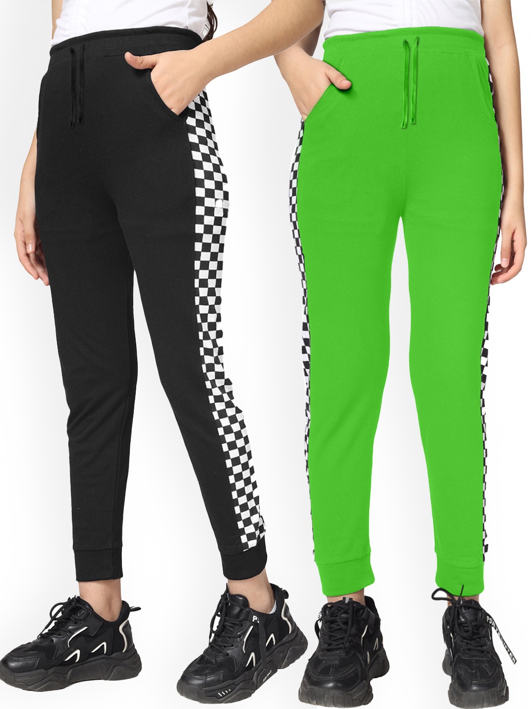 

KYDA KIDS Girls Pack Of 2 Side Checked Detail Cotton Joggers, Black