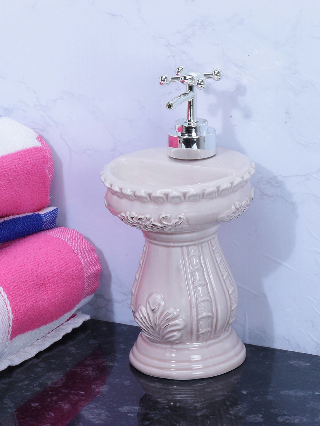 

A Vintage Affair- Home Decor Pink Textured Ceramic Vintage Sink Soap Dispenser