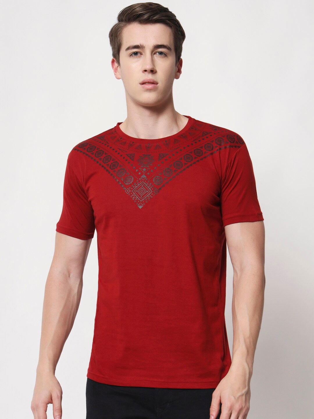 

THE EG STORE Men Tribal Printed Slim Fit Cotton T-shirt, Maroon