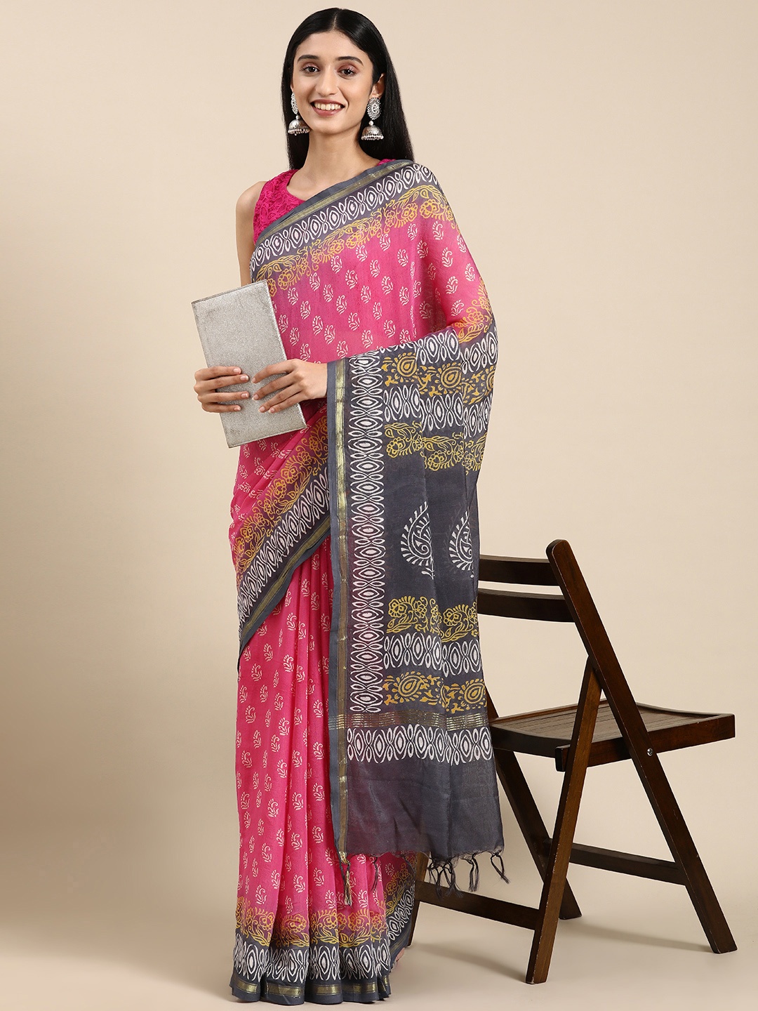 

Mitera Ethnic Motifs Zari Pure Silk Chanderi Saree, Pink